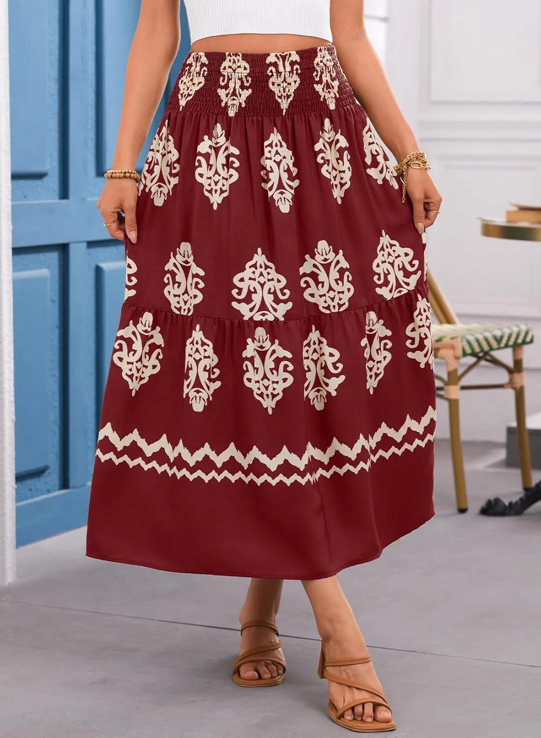 Happy Sailed Womens Retro Print Boho Maxi Skirt Elastic High Waist A-Line Pleated Flowy Long Skirts Beach Vacation Outfits