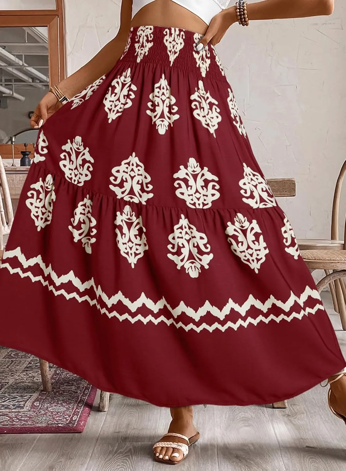 Happy Sailed Womens Retro Print Boho Maxi Skirt Elastic High Waist A-Line Pleated Flowy Long Skirts Beach Vacation Outfits