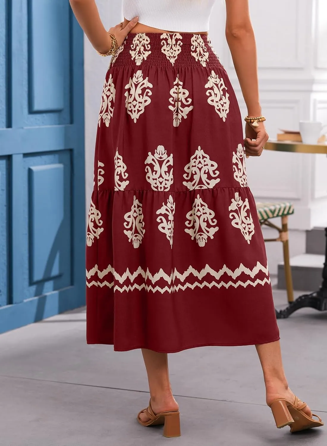 Happy Sailed Womens Retro Print Boho Maxi Skirt Elastic High Waist A-Line Pleated Flowy Long Skirts Beach Vacation Outfits