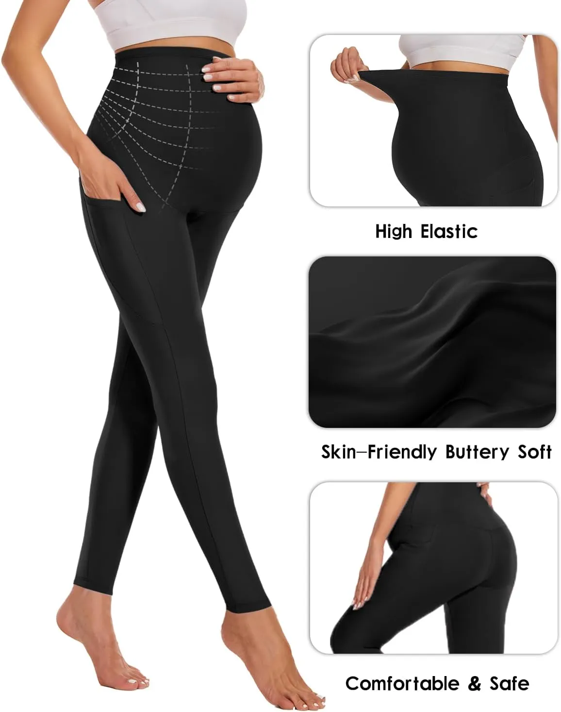 Hi Clasmix Buttery Soft Maternity Leggings Over The Belly with Pockets-Non-See-Through Workout Pregnancy Yoga Pants