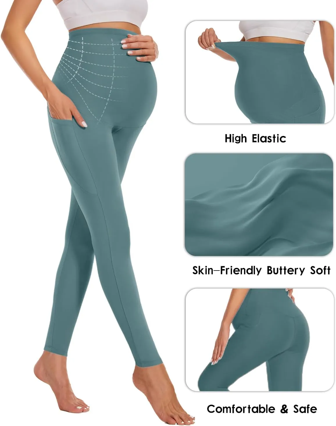 Hi Clasmix Buttery Soft Maternity Leggings Over The Belly with Pockets-Non-See-Through Workout Pregnancy Yoga Pants