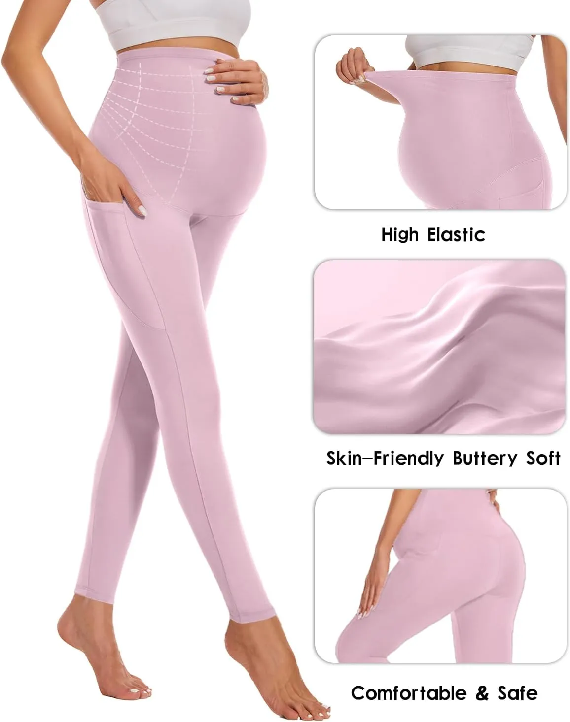 Hi Clasmix Buttery Soft Maternity Leggings Over The Belly with Pockets-Non-See-Through Workout Pregnancy Yoga Pants