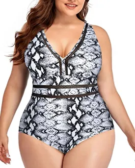 High Waisted Plus Size V Neck See Through Swimsuit-Black And White Snake Print