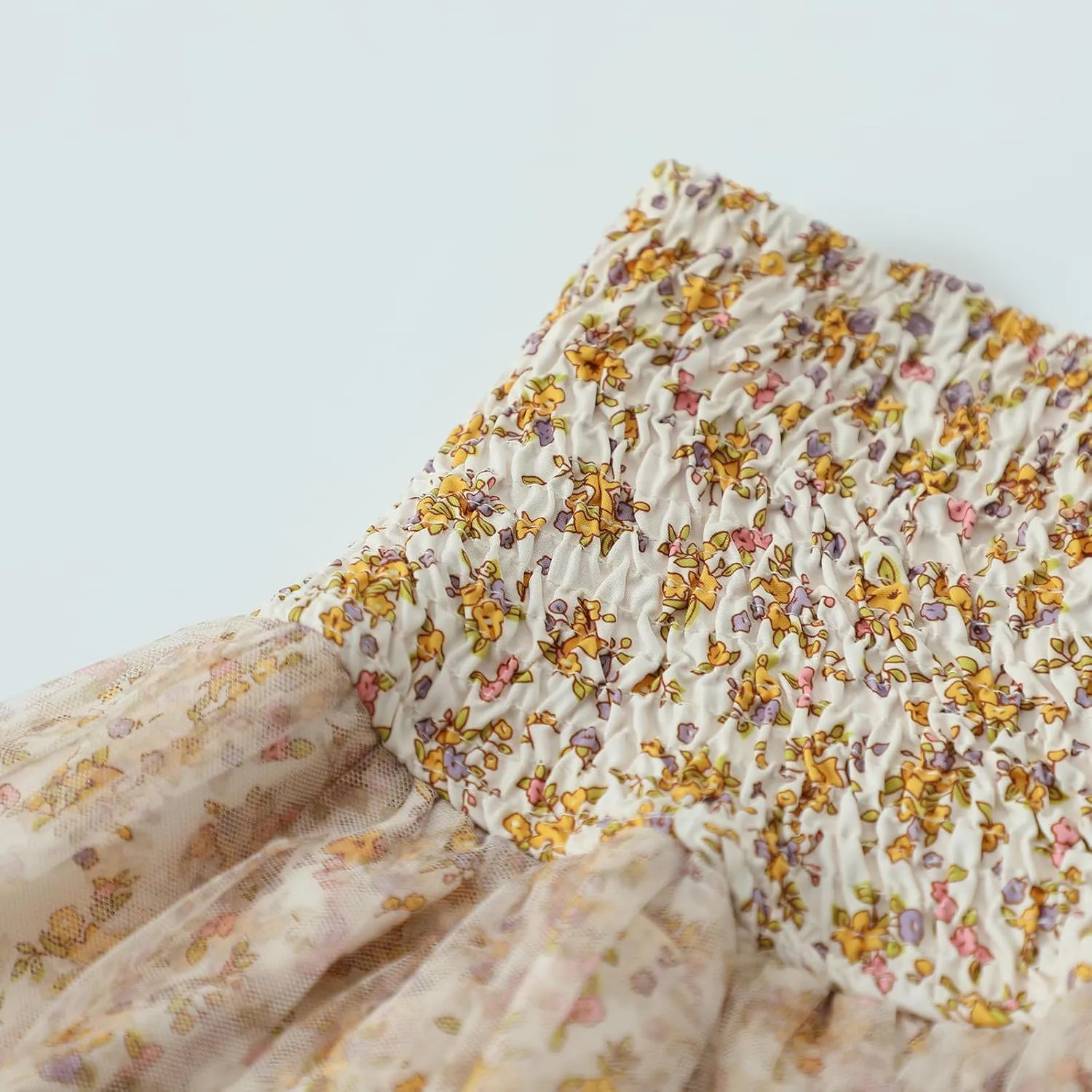 HOXIJIA Women Y2K Floral Print Mini Skirt Cute Bow Tie Front Mesh Sheer Short Skirt Casual Pleated Ruffle Hem Bubble Skirt