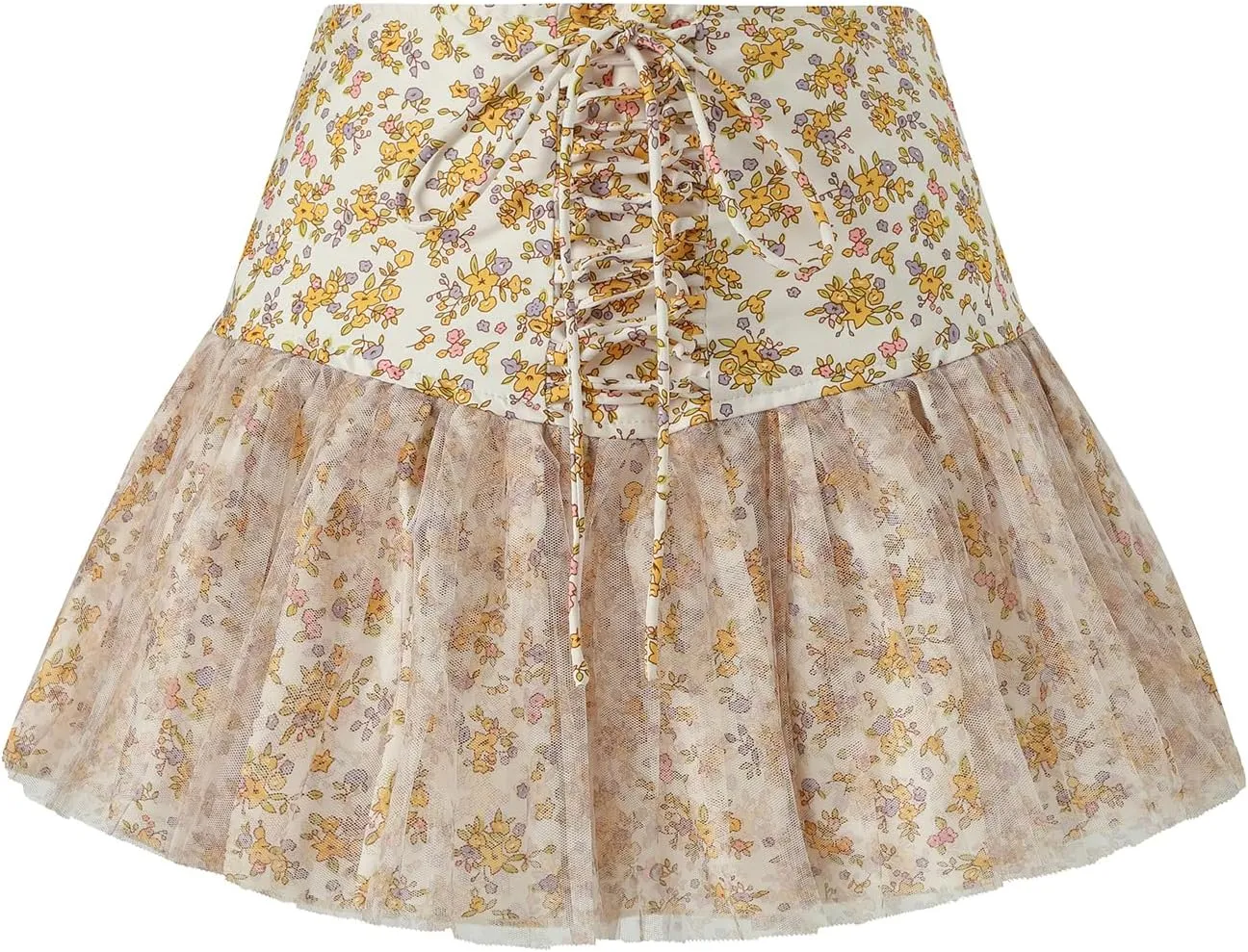 HOXIJIA Women Y2K Floral Print Mini Skirt Cute Bow Tie Front Mesh Sheer Short Skirt Casual Pleated Ruffle Hem Bubble Skirt