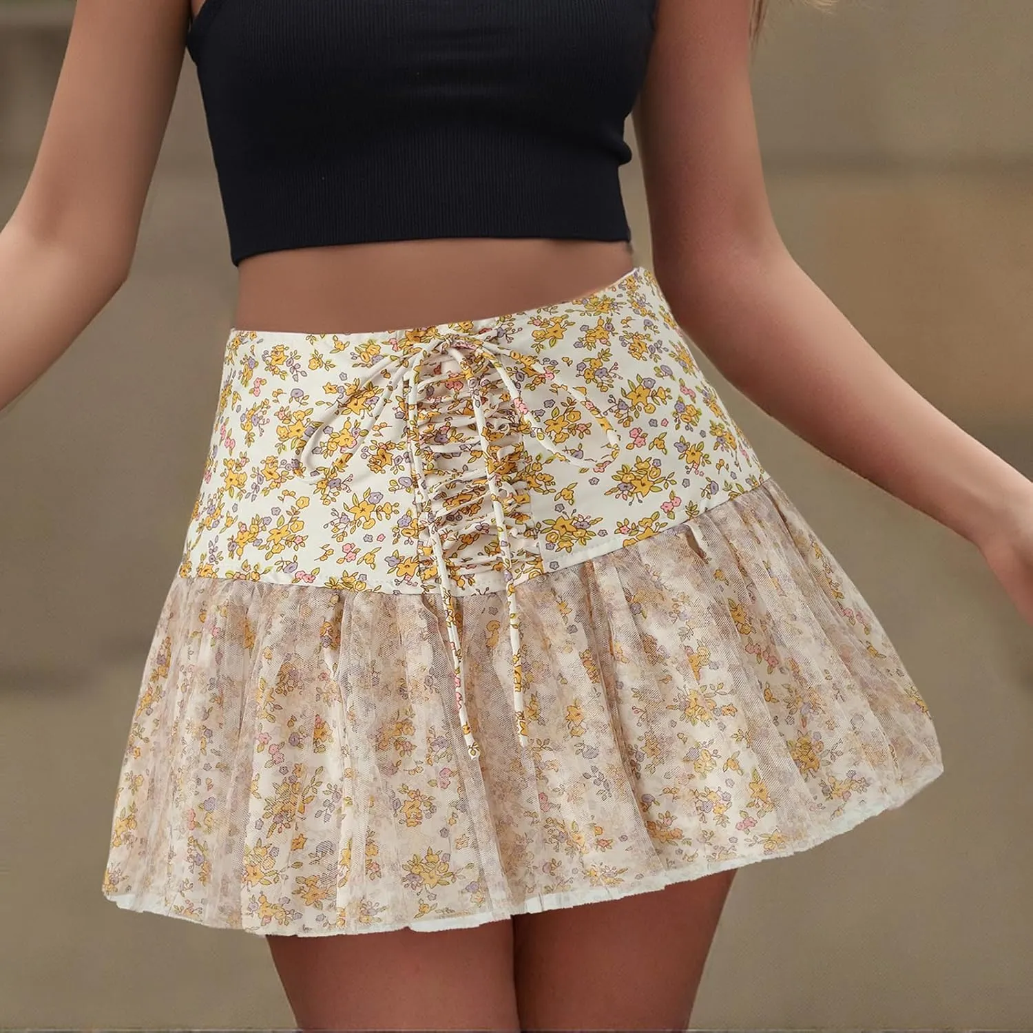 HOXIJIA Women Y2K Floral Print Mini Skirt Cute Bow Tie Front Mesh Sheer Short Skirt Casual Pleated Ruffle Hem Bubble Skirt