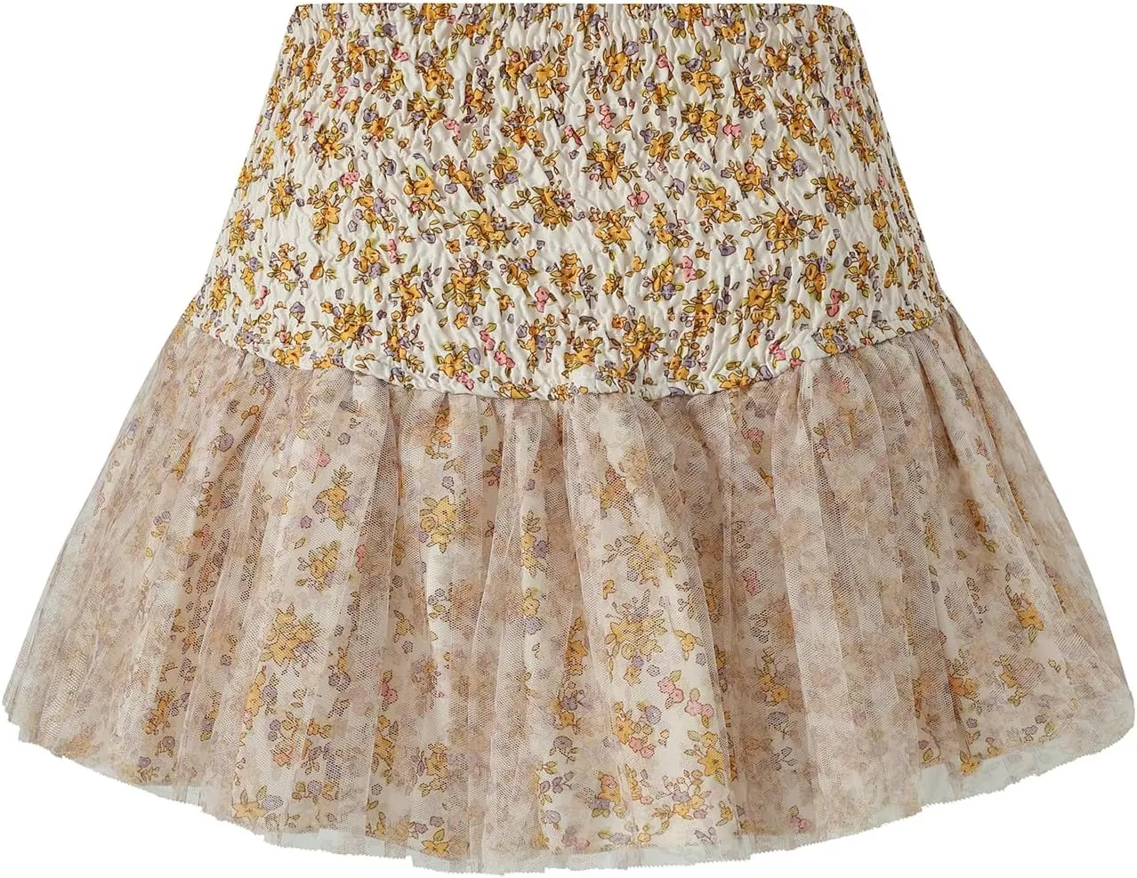 HOXIJIA Women Y2K Floral Print Mini Skirt Cute Bow Tie Front Mesh Sheer Short Skirt Casual Pleated Ruffle Hem Bubble Skirt