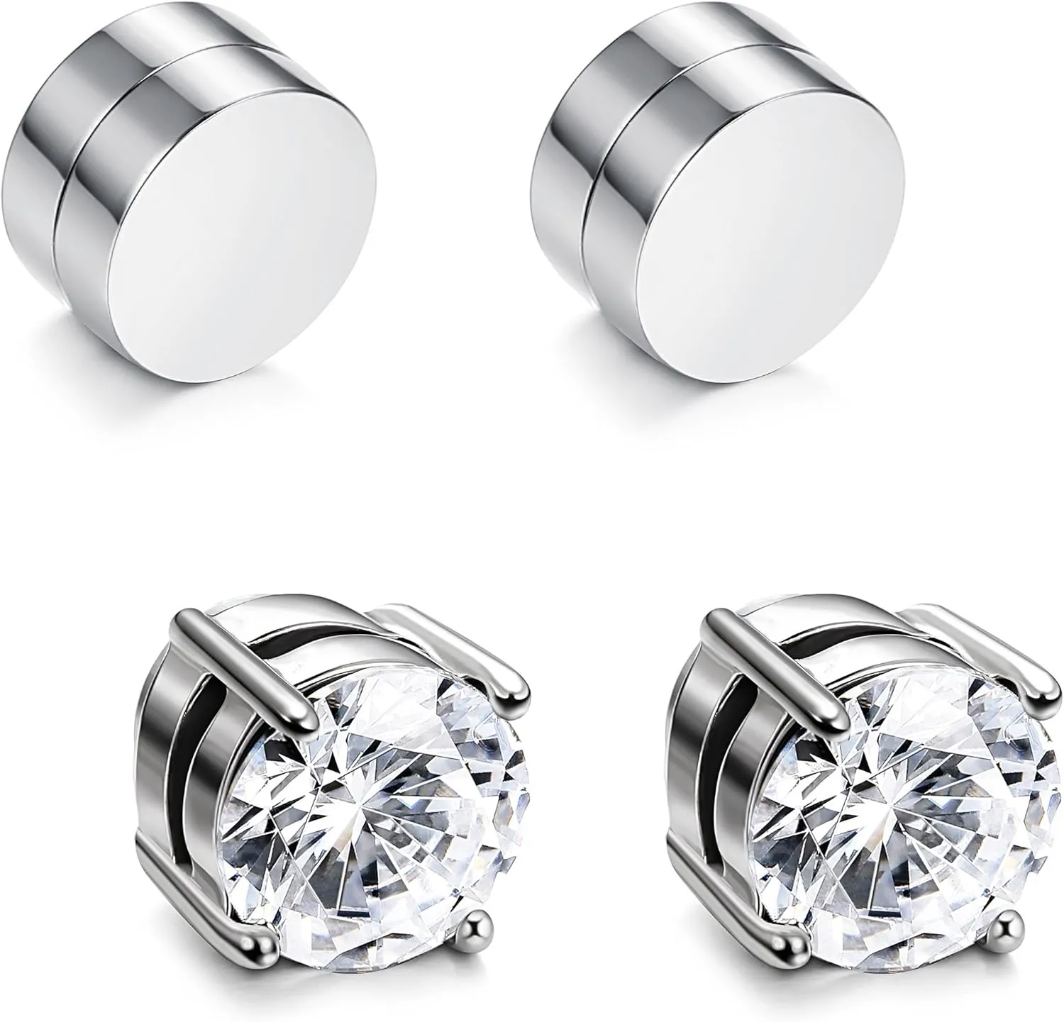 JOERICA 2-4 Pairs 6-8MM Stainless Steel Stud Earrings for Men Women Non Piercing Clip on CZ Earrings Black Silver
