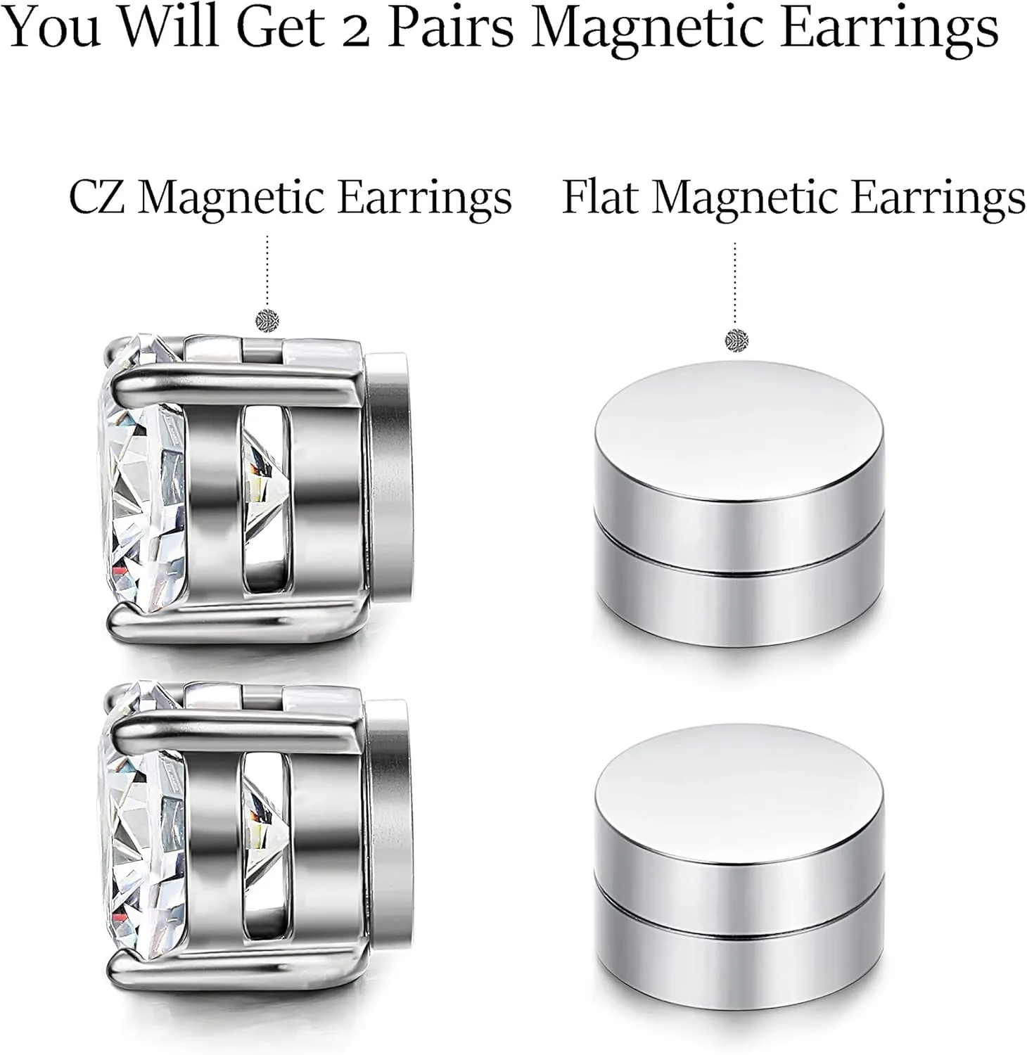 JOERICA 2-4 Pairs 6-8MM Stainless Steel Stud Earrings for Men Women Non Piercing Clip on CZ Earrings Black Silver
