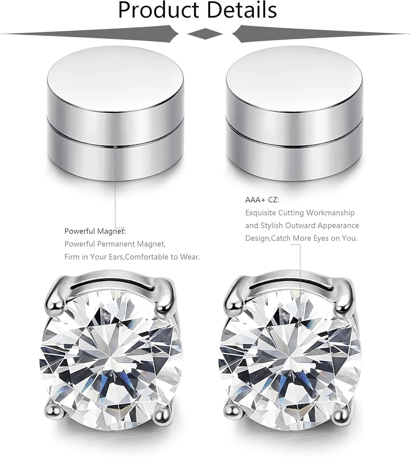 JOERICA 2-4 Pairs 6-8MM Stainless Steel Stud Earrings for Men Women Non Piercing Clip on CZ Earrings Black Silver