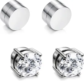 JOERICA 2-4 Pairs 6-8MM Stainless Steel Stud Earrings for Men Women Non Piercing Clip on CZ Earrings Black Silver