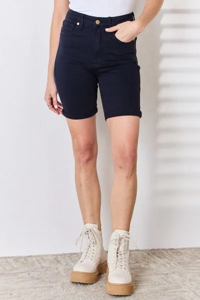 Judy Blue Size Small-4XL Navy High Waist Tummy Control Bermuda Shorts