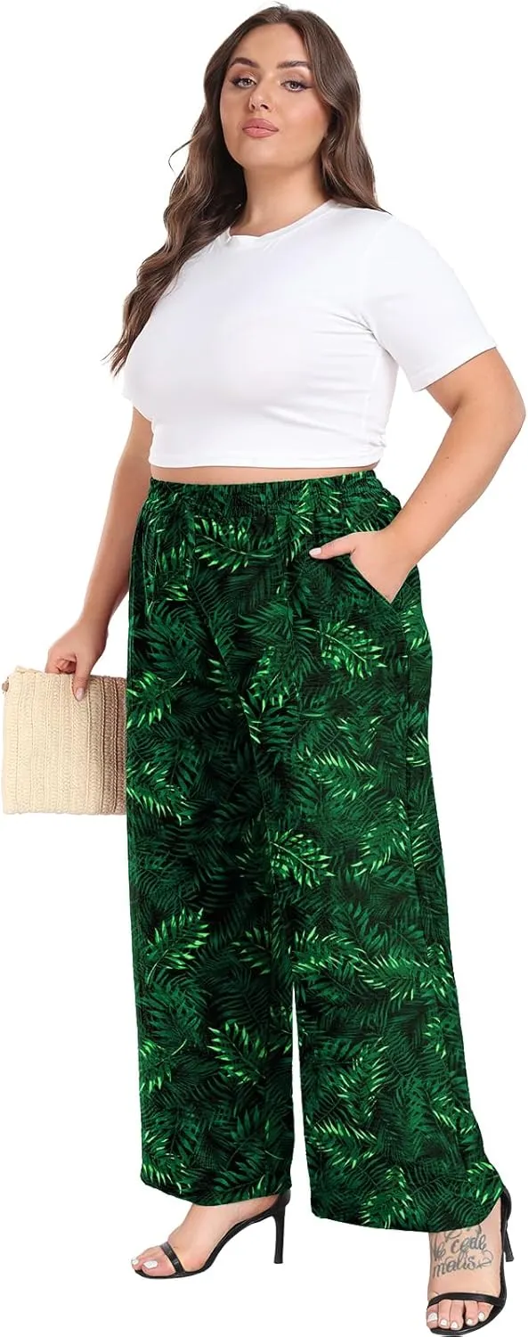 Lastshe Women's Plus Size Wide Leg Pants Summer High Waist Casual Trousers Pants with Pockets
