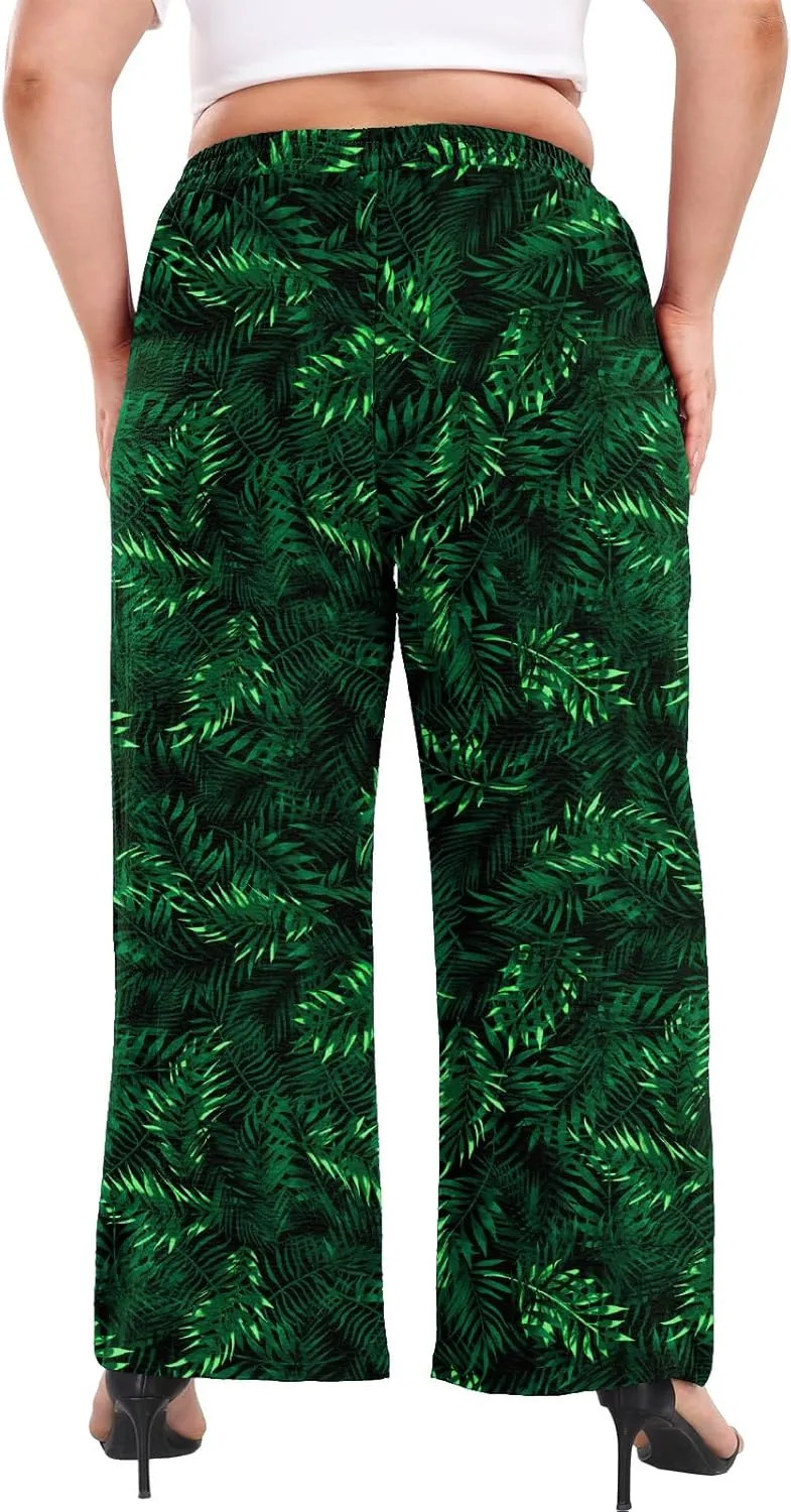Lastshe Women's Plus Size Wide Leg Pants Summer High Waist Casual Trousers Pants with Pockets