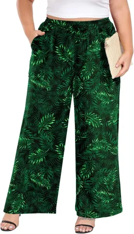 Lastshe Women's Plus Size Wide Leg Pants Summer High Waist Casual Trousers Pants with Pockets