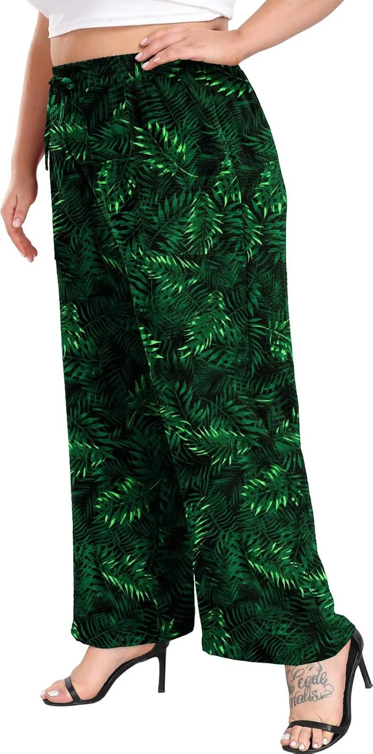 Lastshe Women's Plus Size Wide Leg Pants Summer High Waist Casual Trousers Pants with Pockets