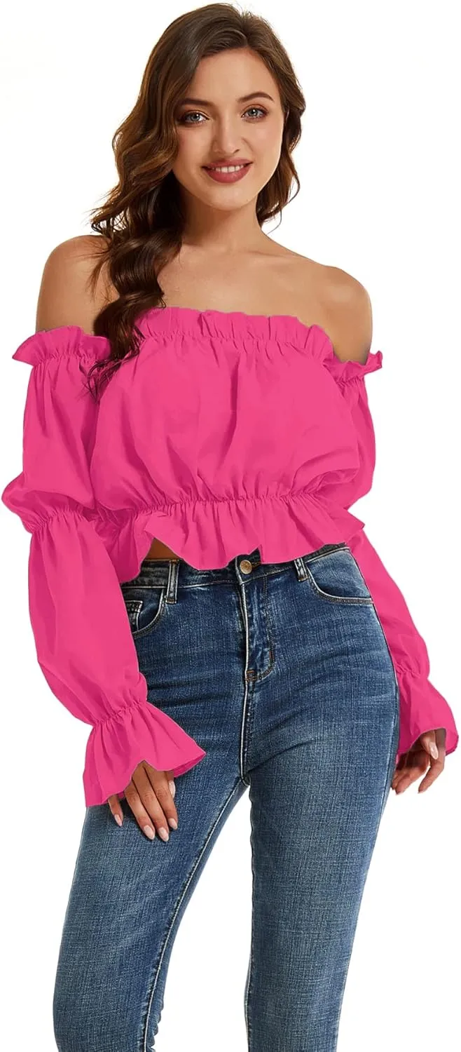 LYANER Women's Off Shoulder Ruffle Trim Puff Long Sleeve Tube Crop Blouse Shirt Top