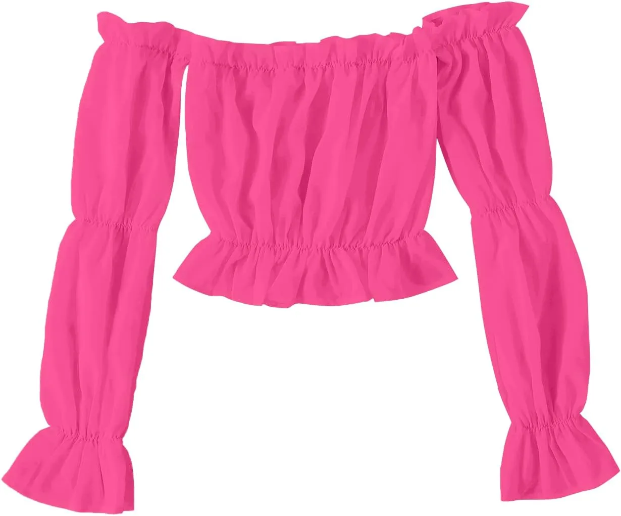 LYANER Women's Off Shoulder Ruffle Trim Puff Long Sleeve Tube Crop Blouse Shirt Top
