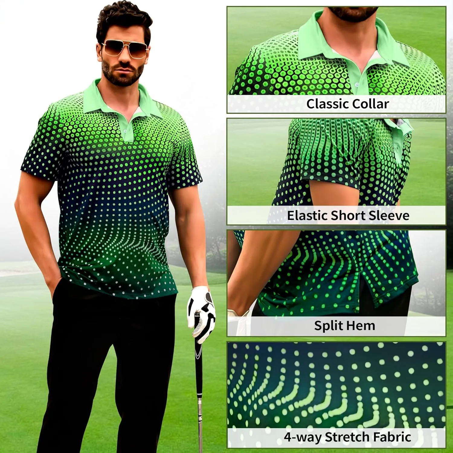 Men's Golf Shirts Polo Short Sleeve Gradient Quick Dry Fit Moisture Wicking Athletic Printed Shirts Mens Polo Shirt