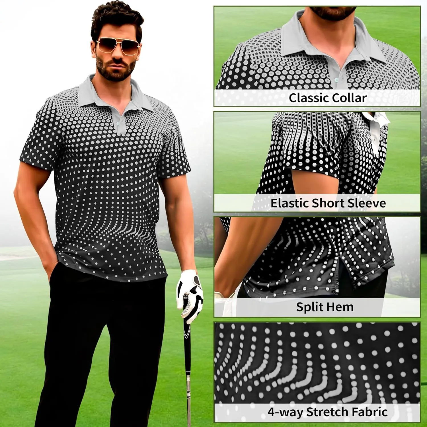 Men's Golf Shirts Polo Short Sleeve Gradient Quick Dry Fit Moisture Wicking Athletic Printed Shirts Mens Polo Shirt