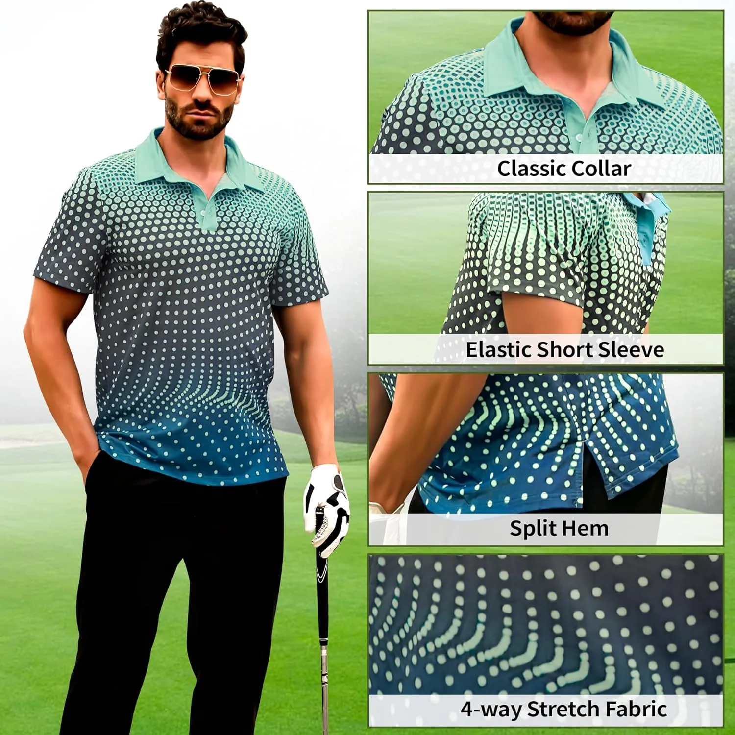 Men's Golf Shirts Polo Short Sleeve Gradient Quick Dry Fit Moisture Wicking Athletic Printed Shirts Mens Polo Shirt