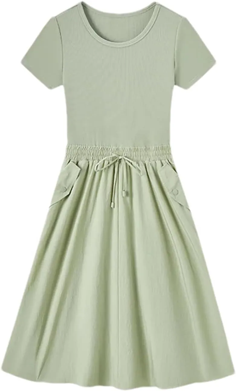 Mnjyihy Women's Cotton Slim-Fit Waist-Cinching Dress Summer Fake Two-Piece Round Neck Midi Dress