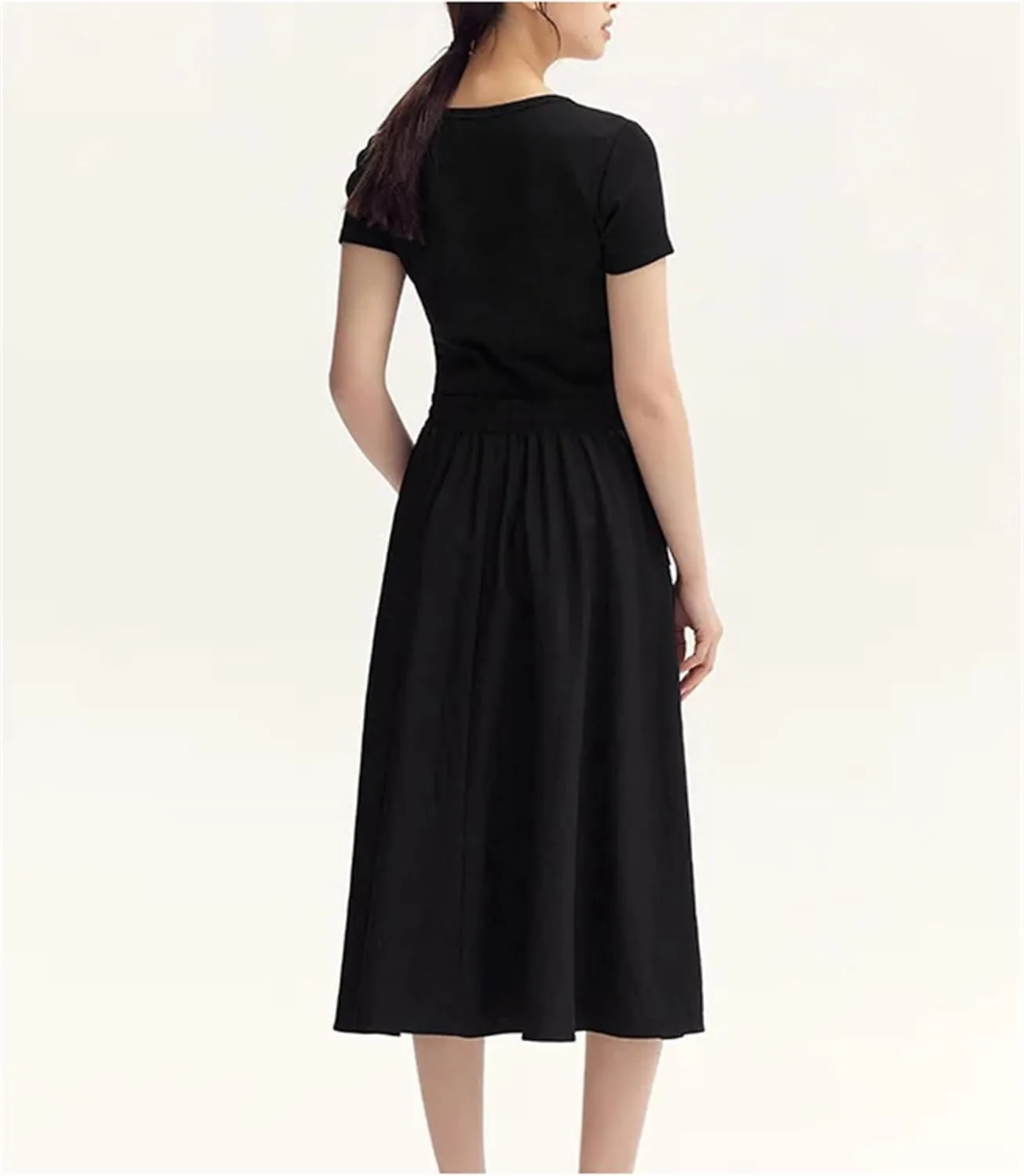 Mnjyihy Women's Cotton Slim-Fit Waist-Cinching Dress Summer Fake Two-Piece Round Neck Midi Dress