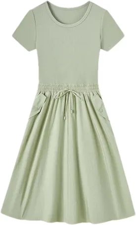Mnjyihy Women's Cotton Slim-Fit Waist-Cinching Dress Summer Fake Two-Piece Round Neck Midi Dress