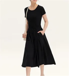 Mnjyihy Women's Cotton Slim-Fit Waist-Cinching Dress Summer Fake Two-Piece Round Neck Midi Dress