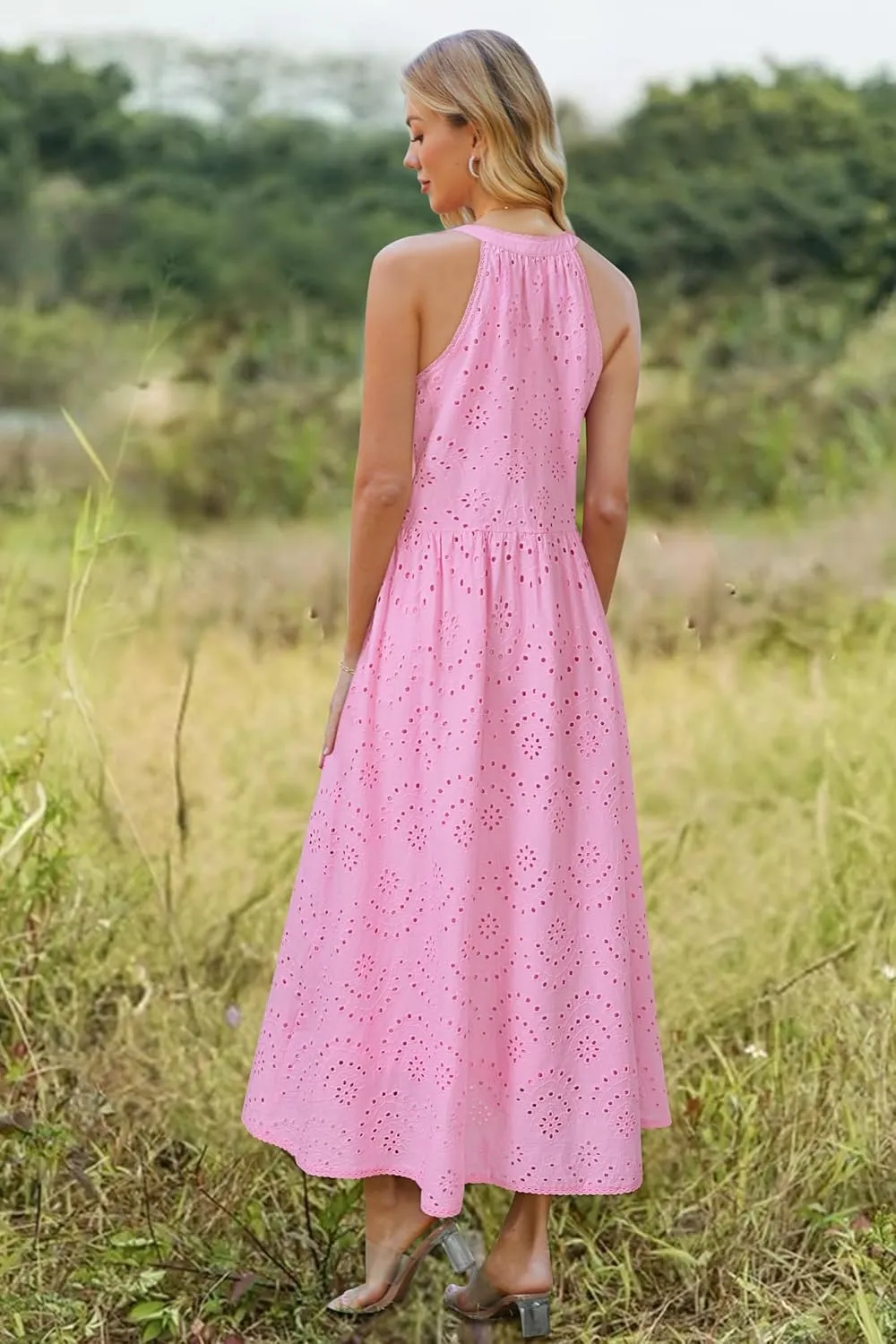 Newshows Women's 2025 Summer Maxi Dresses Halter V Neck Eyelet Hollow Out Long Flowy Beach Vacation Boho Dress with Pockets