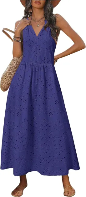Newshows Women's 2025 Summer Maxi Dresses Halter V Neck Eyelet Hollow Out Long Flowy Beach Vacation Boho Dress with Pockets