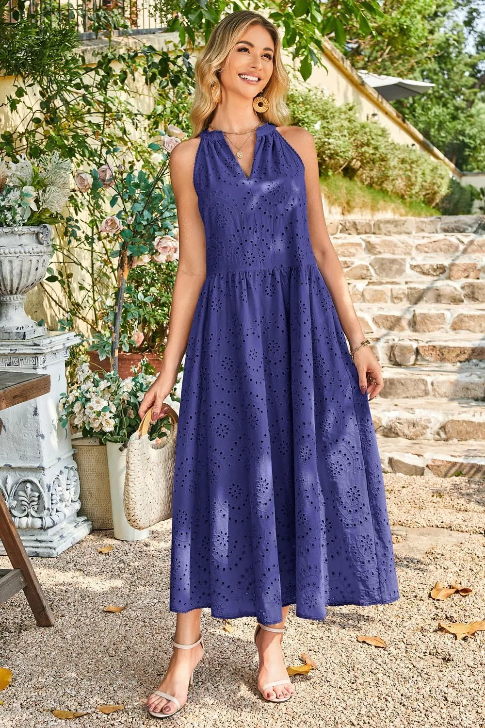 Newshows Women's 2025 Summer Maxi Dresses Halter V Neck Eyelet Hollow Out Long Flowy Beach Vacation Boho Dress with Pockets