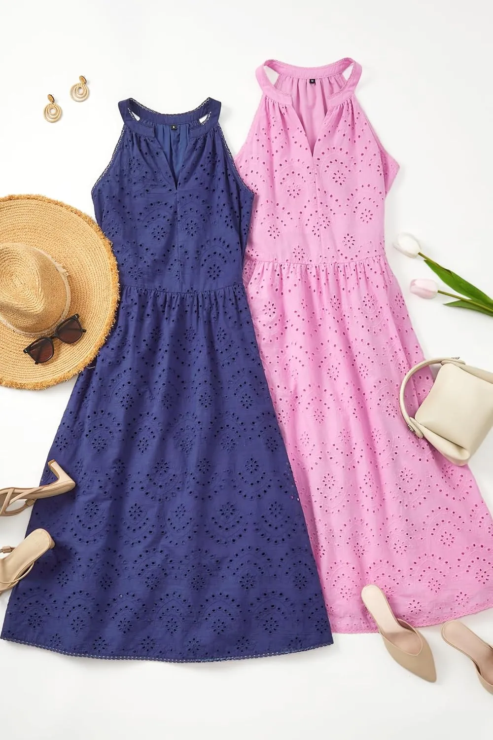 Newshows Women's 2025 Summer Maxi Dresses Halter V Neck Eyelet Hollow Out Long Flowy Beach Vacation Boho Dress with Pockets