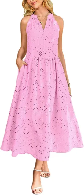 Newshows Women's 2025 Summer Maxi Dresses Halter V Neck Eyelet Hollow Out Long Flowy Beach Vacation Boho Dress with Pockets