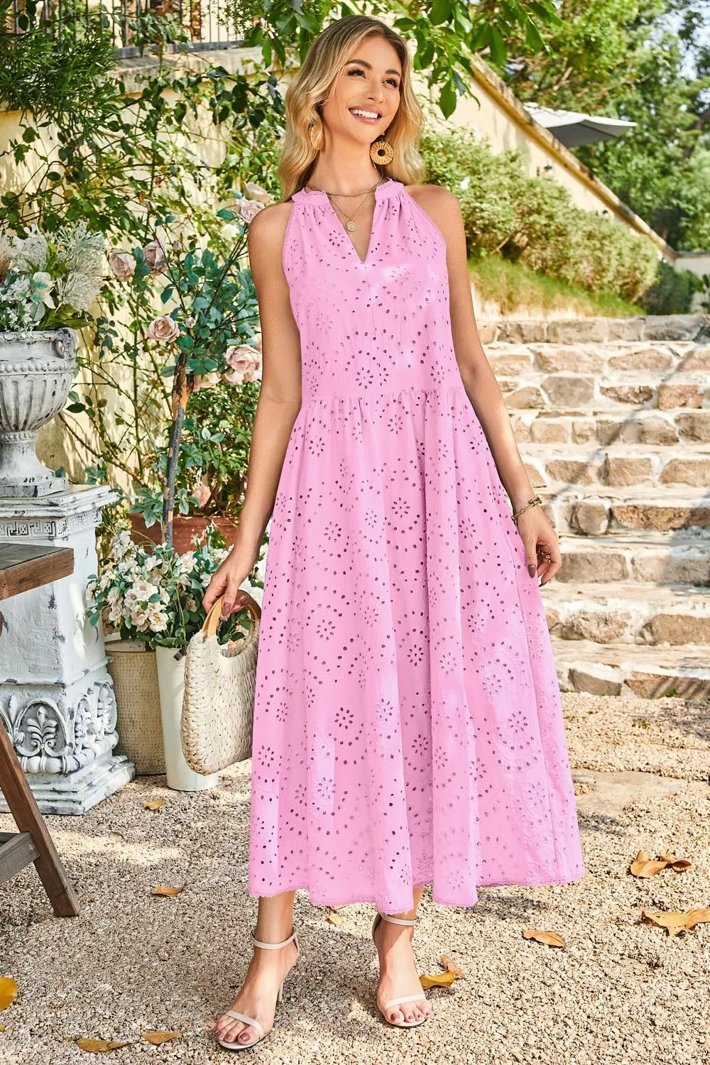 Newshows Women's 2025 Summer Maxi Dresses Halter V Neck Eyelet Hollow Out Long Flowy Beach Vacation Boho Dress with Pockets