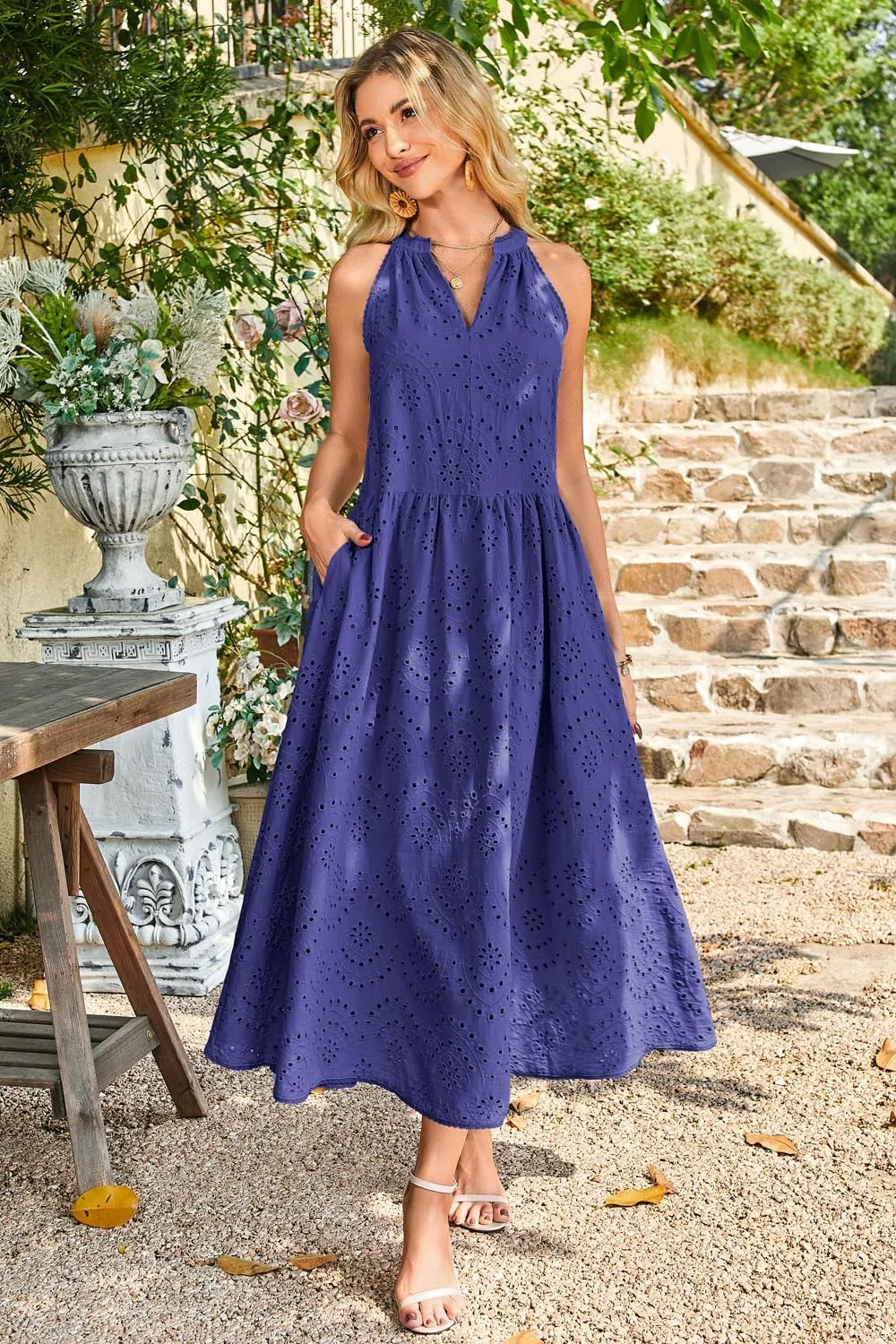 Newshows Women's 2025 Summer Maxi Dresses Halter V Neck Eyelet Hollow Out Long Flowy Beach Vacation Boho Dress with Pockets