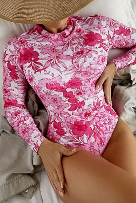 Pink Floral Print One-Piece High Neck Swimsuit Long Sleeve UPF50  Rash Guard