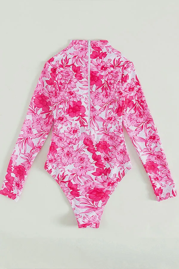 Pink Floral Print One-Piece High Neck Swimsuit Long Sleeve UPF50  Rash Guard