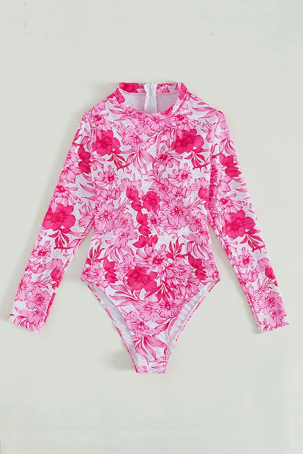 Pink Floral Print One-Piece High Neck Swimsuit Long Sleeve UPF50  Rash Guard