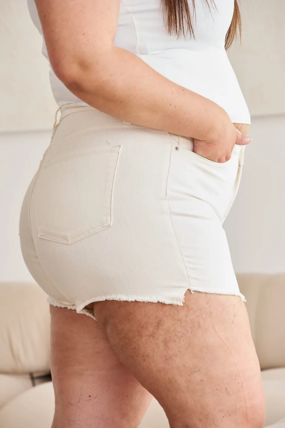 "Eggshell" Tummy Control High Waist Denim Shorts