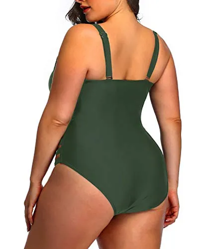 Removable Padded Bra Swimsuit Plus Size Side Cutout Sexy Swimwear-Olive Green
