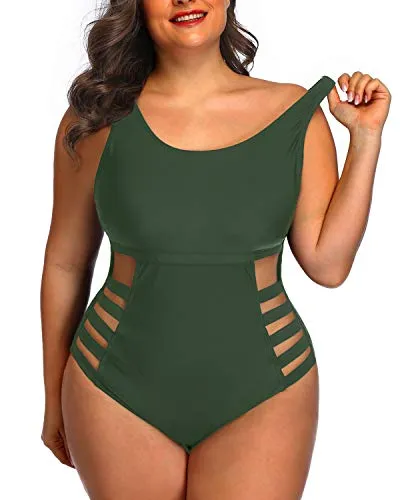 Removable Padded Bra Swimsuit Plus Size Side Cutout Sexy Swimwear-Olive Green