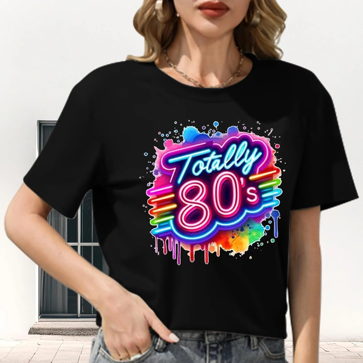Retro 80's T-Shirt for Women Vintage Neon 80's Shirt Rave Theme Party Tshirt Crew Neck Tee Tops