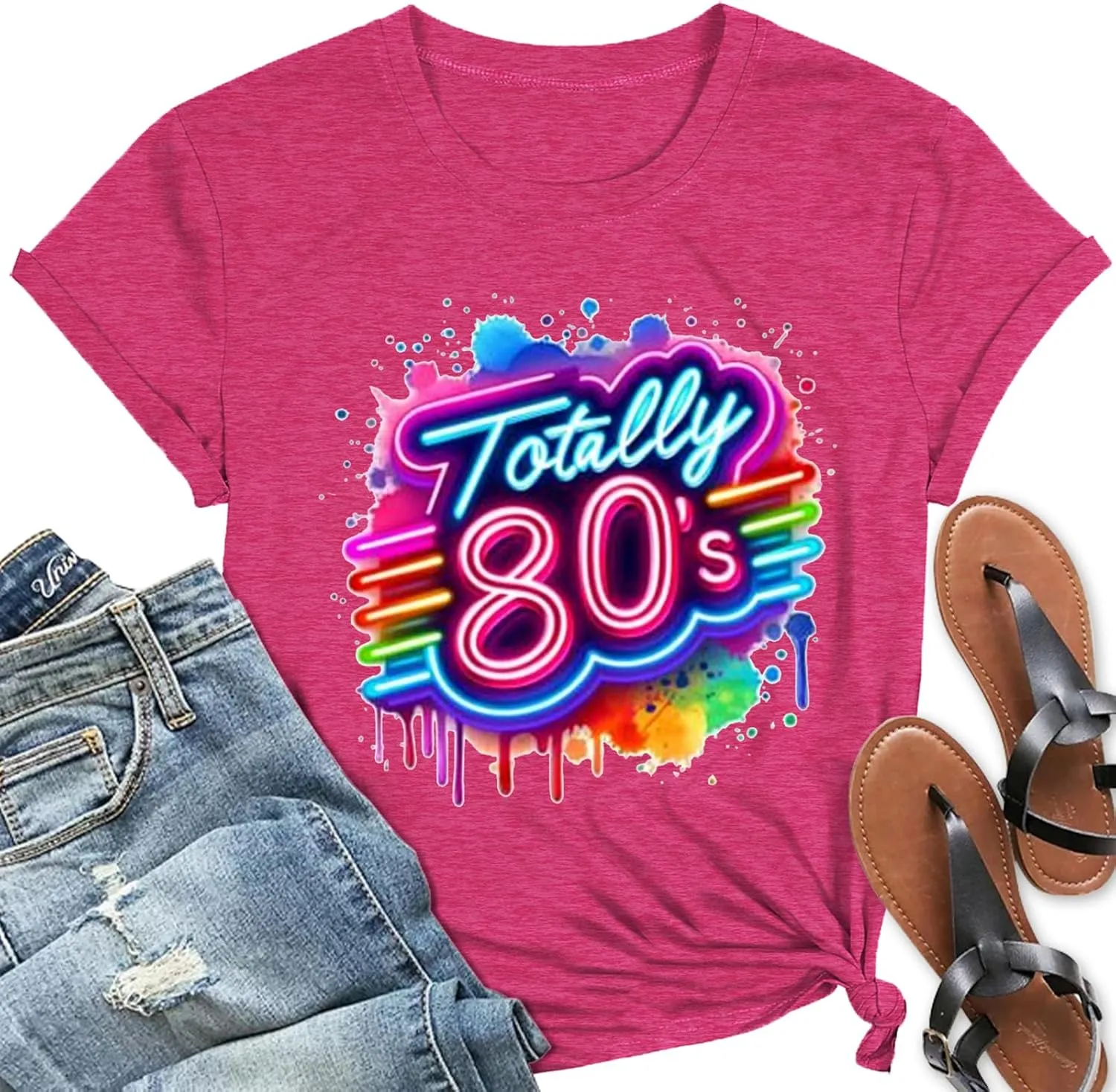 Retro 80's T-Shirt for Women Vintage Neon 80's Shirt Rave Theme Party Tshirt Crew Neck Tee Tops