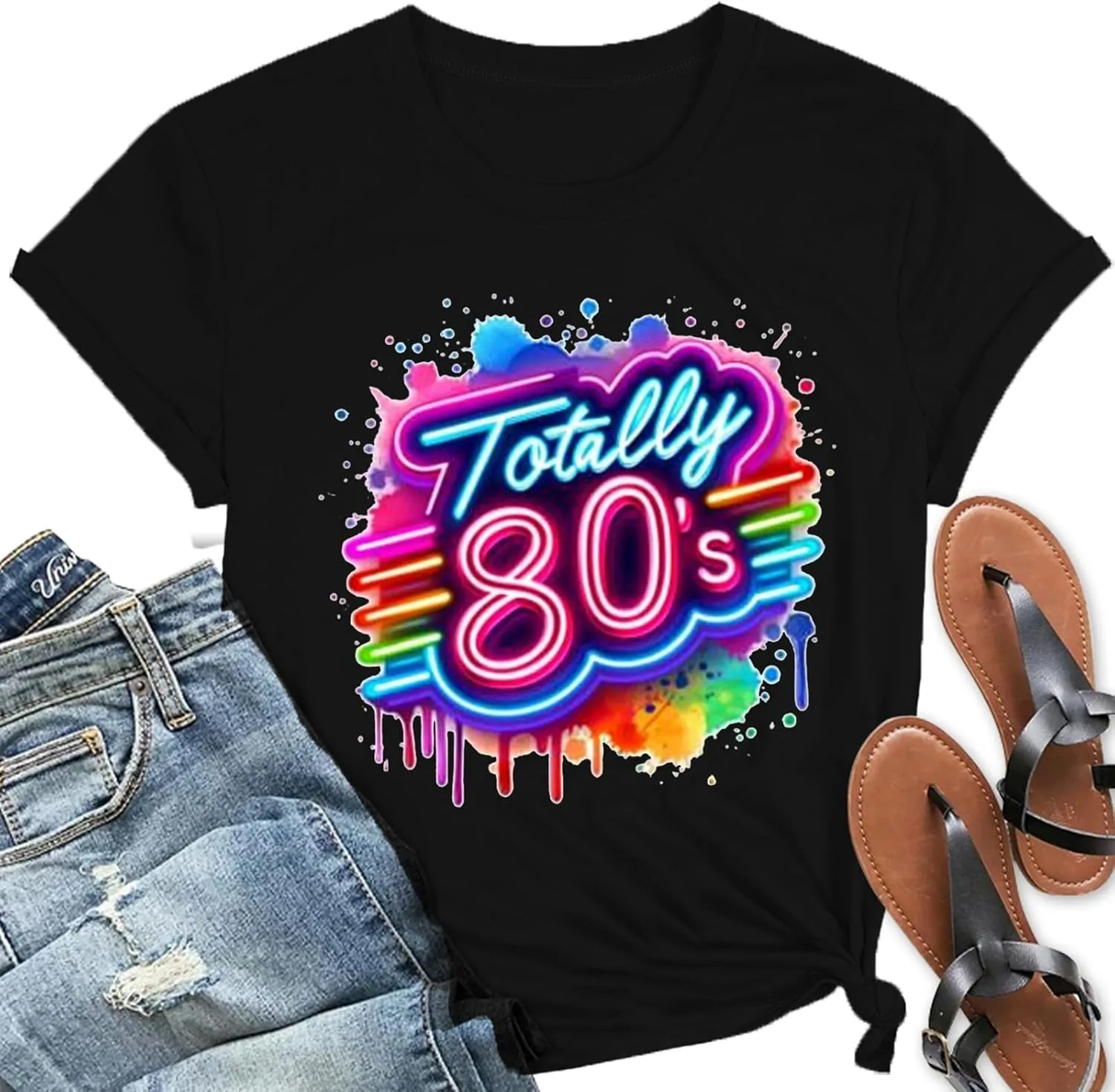 Retro 80's T-Shirt for Women Vintage Neon 80's Shirt Rave Theme Party Tshirt Crew Neck Tee Tops