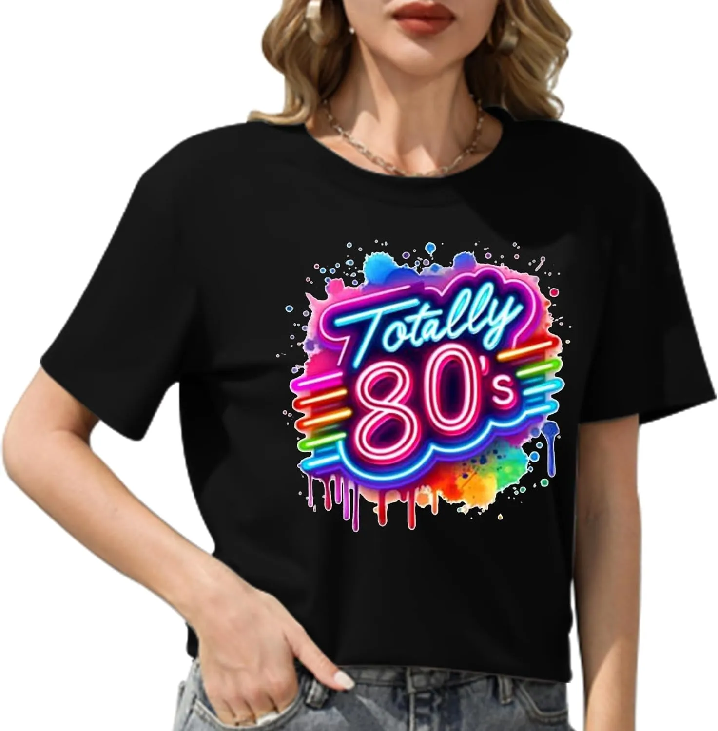 Retro 80's T-Shirt for Women Vintage Neon 80's Shirt Rave Theme Party Tshirt Crew Neck Tee Tops