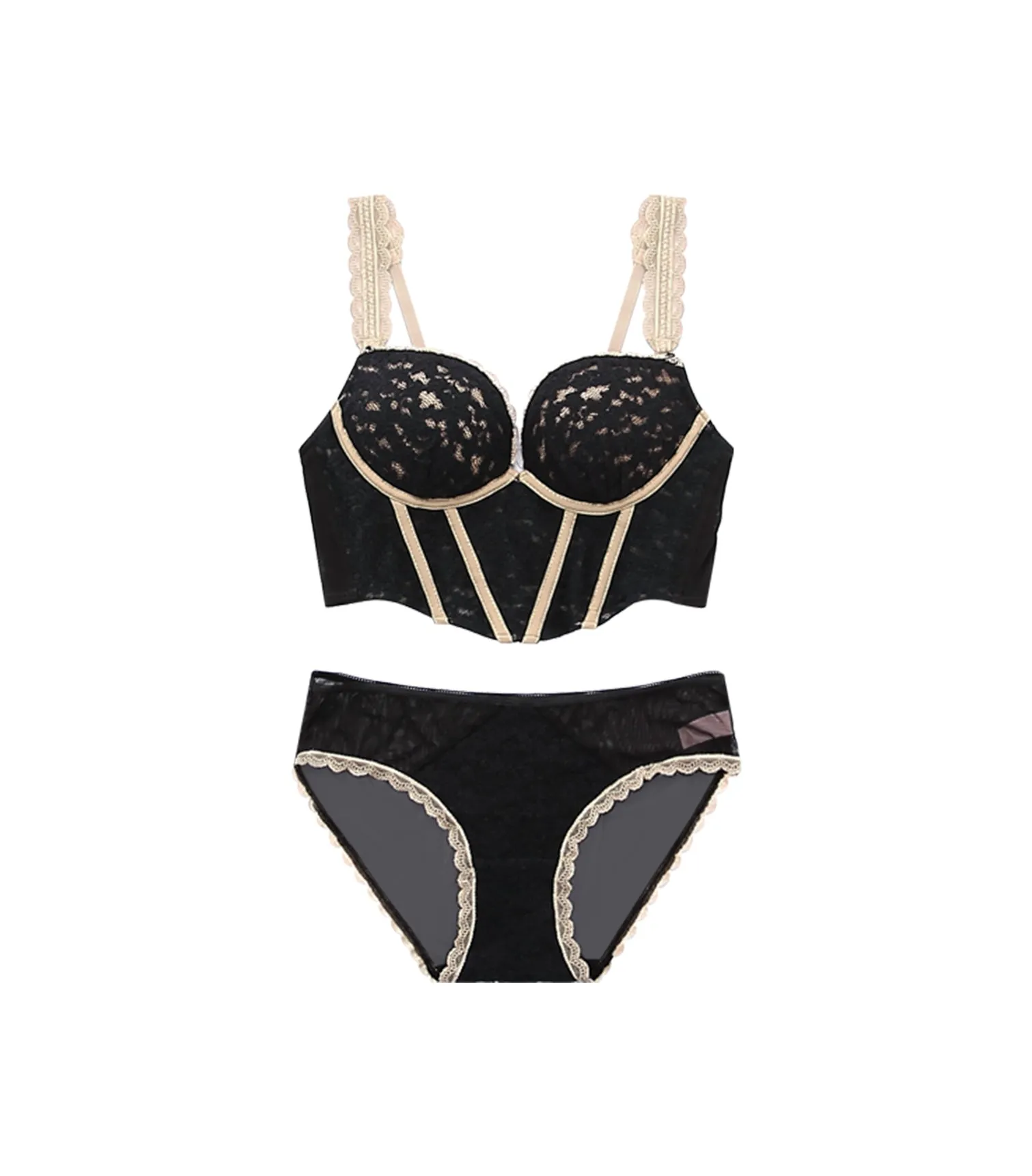 Revealing Contrasting Lace Wireless Corset Bra Set Black