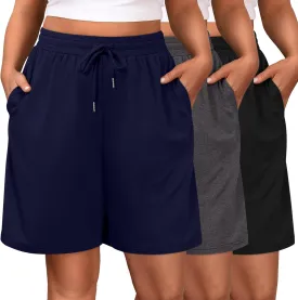 Riyiper 3 Pack Women's Plus Size Shorts Drawstring Bermuda Shorts Casual Wide Leg Knee Length Shorts with Pockets