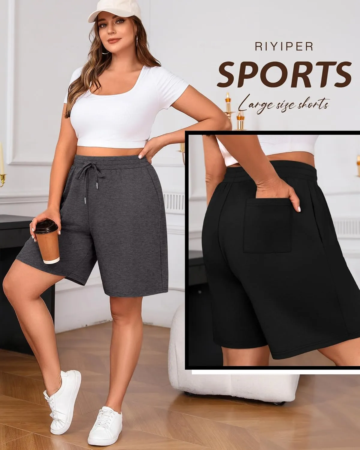 Riyiper 3 Pack Women's Plus Size Shorts Drawstring Bermuda Shorts Casual Wide Leg Knee Length Shorts with Pockets
