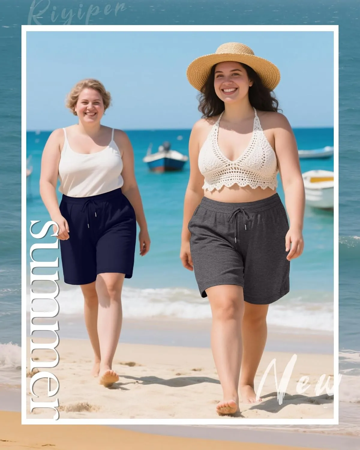 Riyiper 3 Pack Women's Plus Size Shorts Drawstring Bermuda Shorts Casual Wide Leg Knee Length Shorts with Pockets